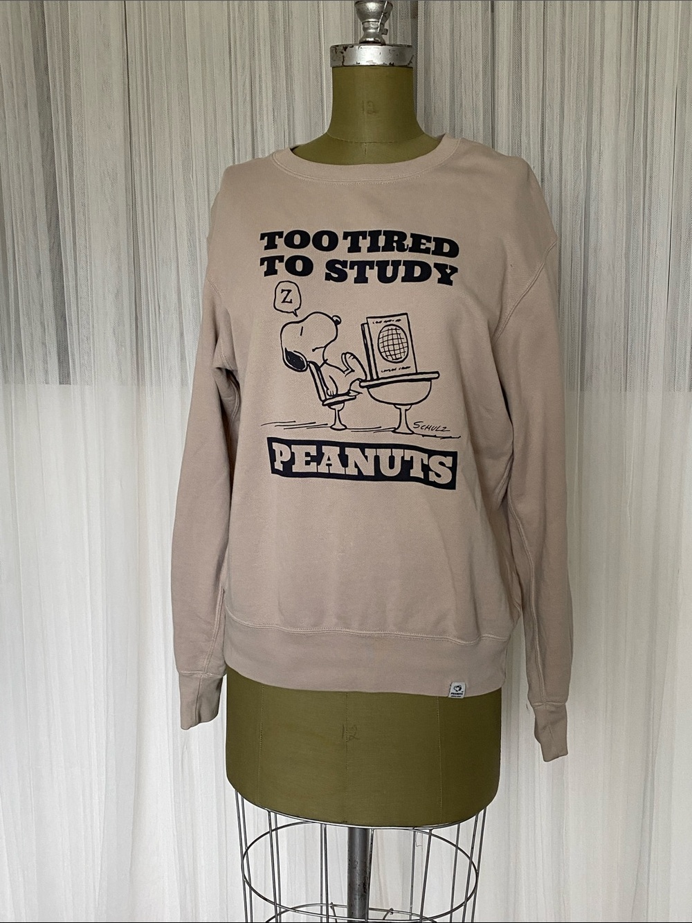 Peanuts Beige Graphic Crewneck Sweatshirt - 'Too Tired to Study' by Uniqlo